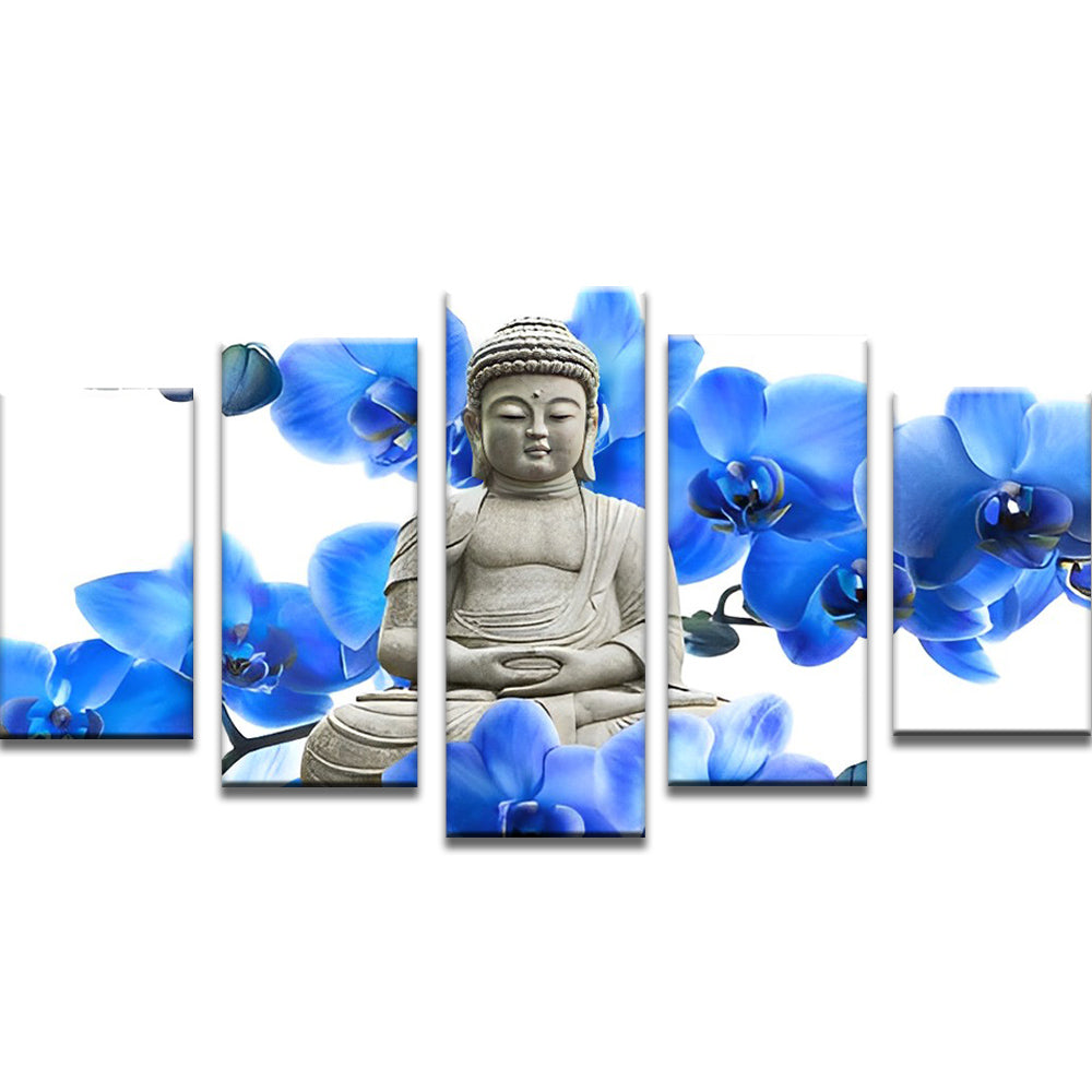 Blauwe Bloemen en Dikke Boeddha 5 Platen Schilderen op Nummers