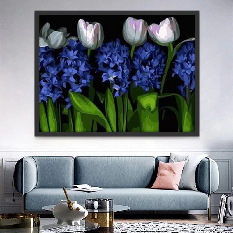Blauwe Bloemen en Wit Paarse Tulpen Schilderen op Nummers