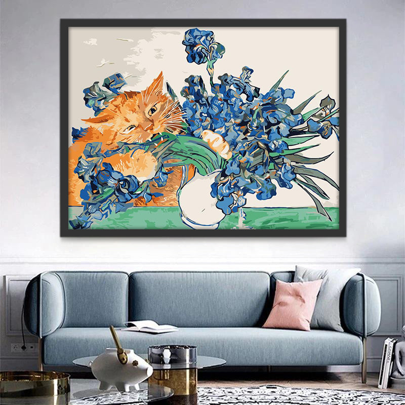Blauwe Bloemen in een Vaas en Oranje Kat Schilderen op Nummers