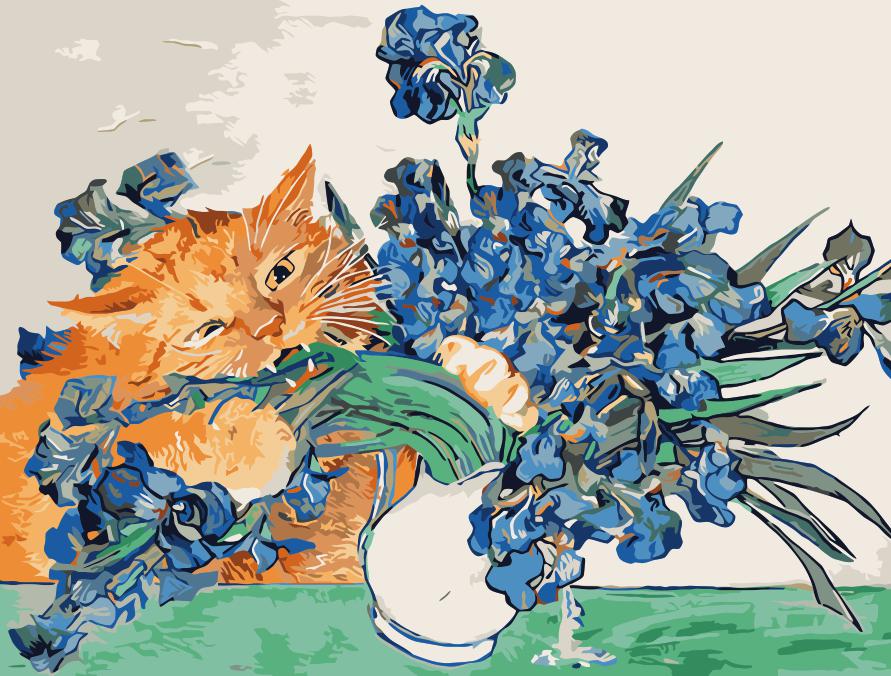Blauwe Bloemen in een Vaas en Oranje Kat Schilderen op Nummers