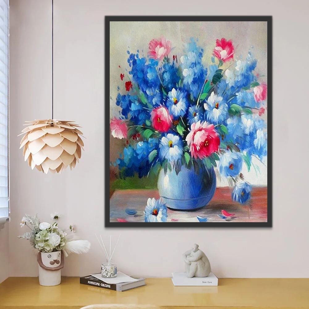 Blauwe en Roze Bloemen Schilderen op Nummers