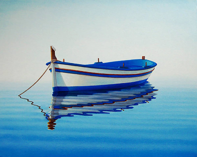 Blauwe en Witte Boot op Zee Schilderen op Nummers