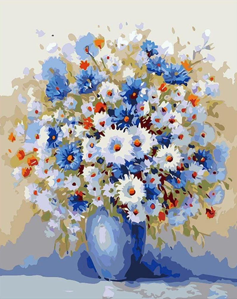 Blauwe en Witte Chrysanten Schilderen op Nummers