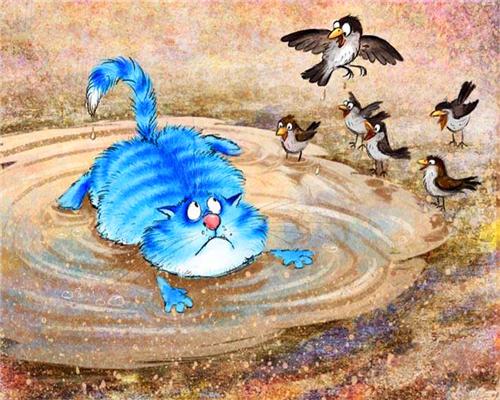 Blauwe Kat en Paniekerige Vogels Schilderen op Nummers