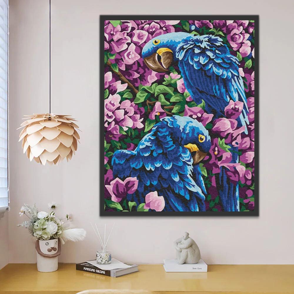 Blauwe Papegaaien en Paarse Bloemen Schilderen op Nummers