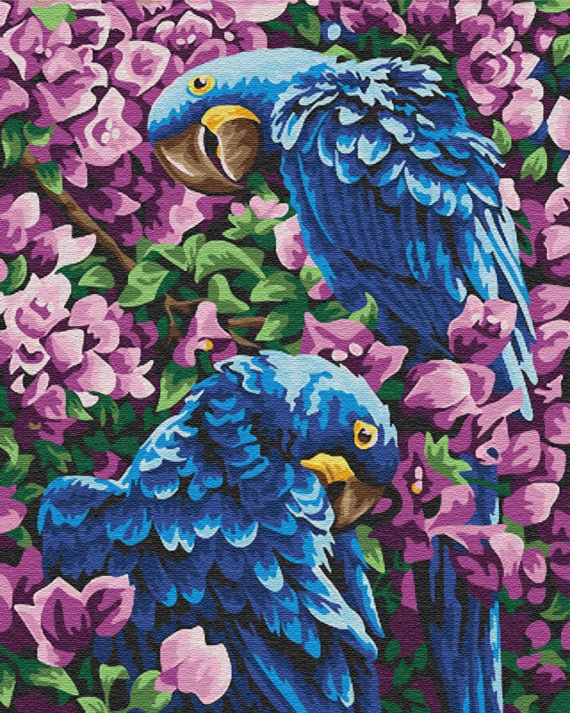 Blauwe Papegaaien en Paarse Bloemen Schilderen op Nummers