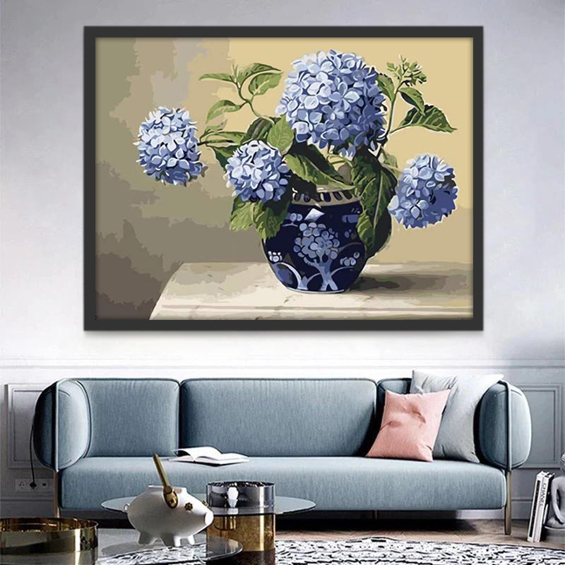 Blauwe porseleinen vaas met blauwe hortensia's Schilderen op Nummers