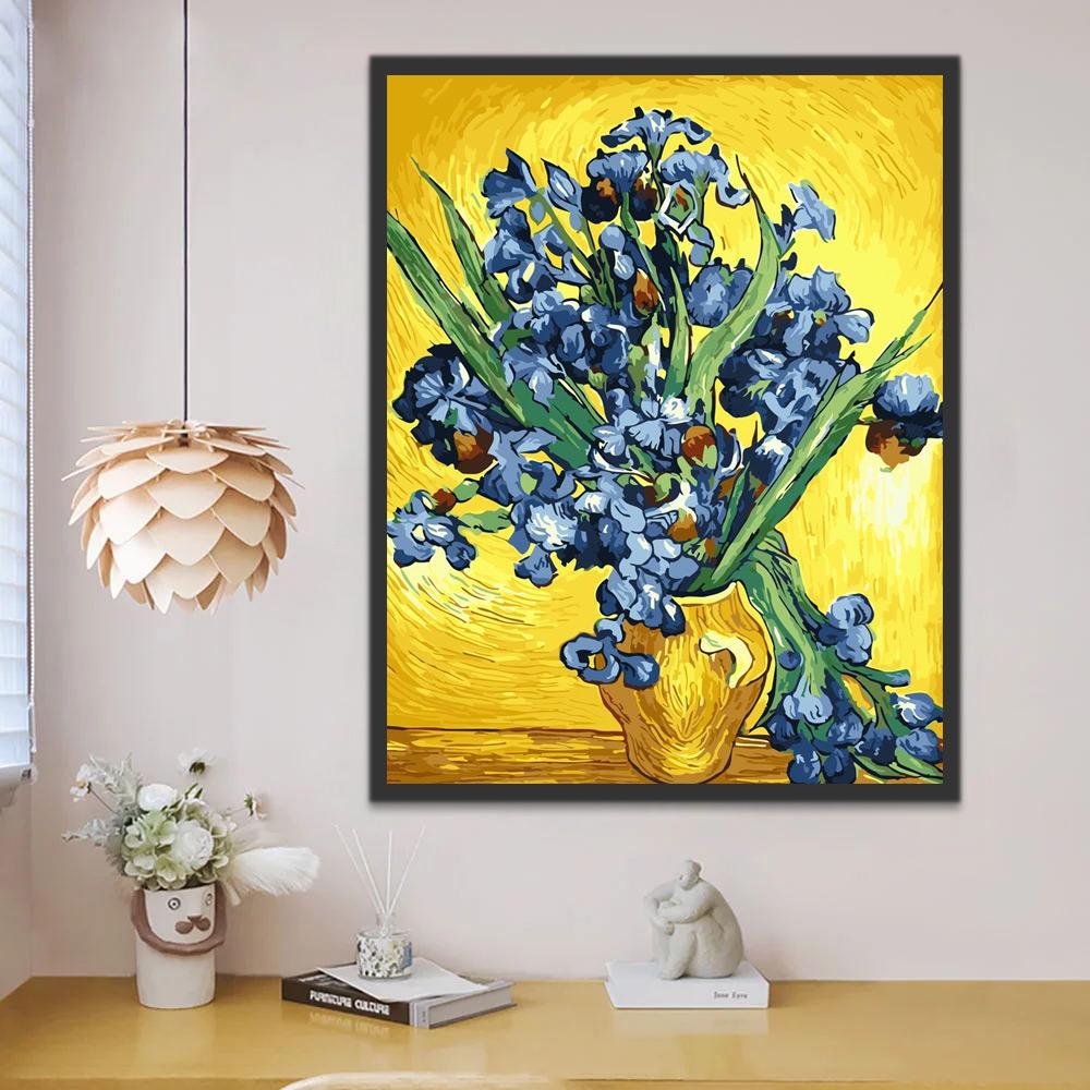 Blauwe Potbloemen op een Gouden Achtergrond Schilderen op Nummers