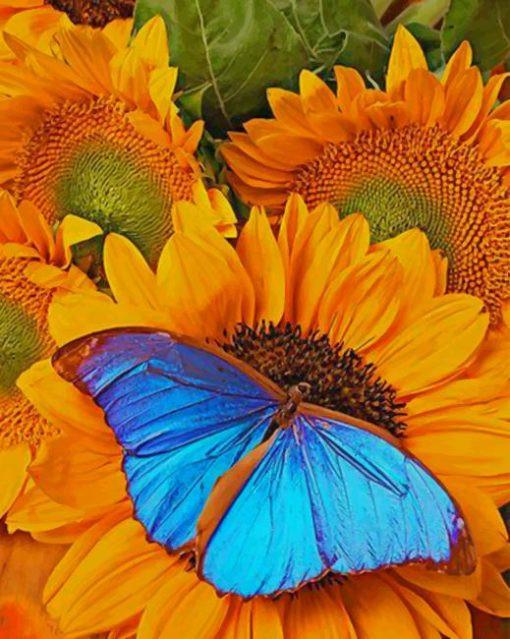 Blauwe Vlinder en Drie Zonnebloemen Schilderen op Nummers