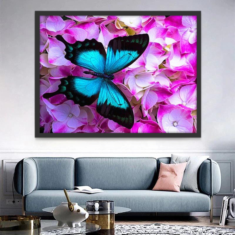 Blauwe Vlinder en Roze Bloemen Schilderen op Nummers
