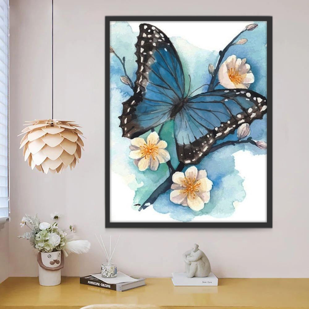 Blauwe Vlinder en Witte Bloemen Schilderen op Nummers