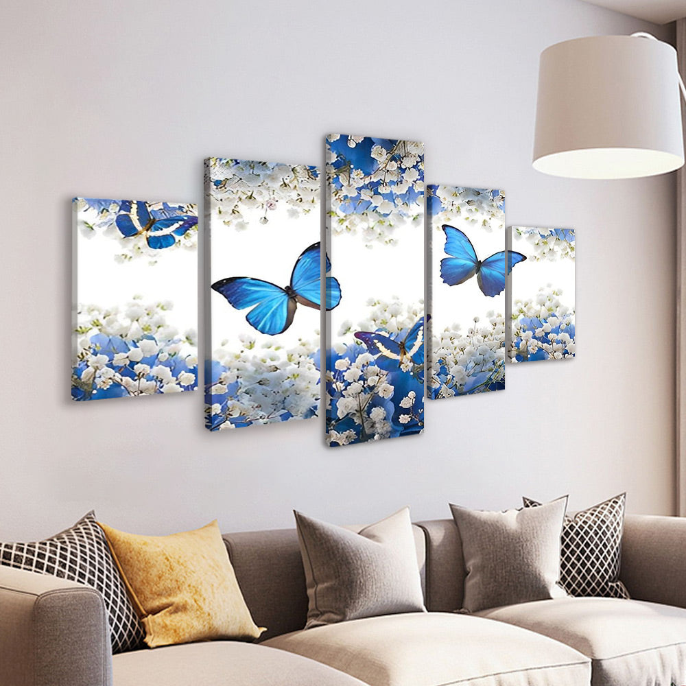 Blauwe Vlinders Vliegen tussen de Witte Bloemen 5 Platen Schilderen op Nummers