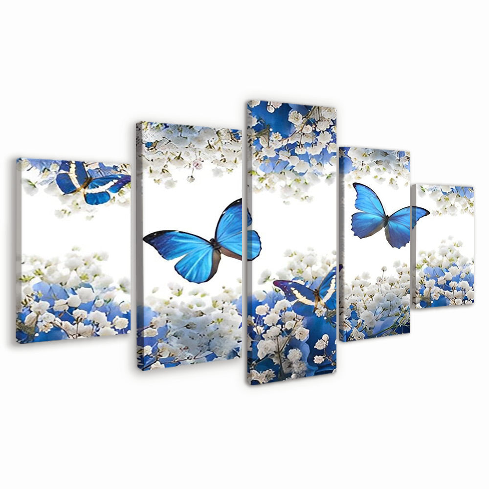 Blauwe Vlinders Vliegen tussen de Witte Bloemen 5 Platen Schilderen op Nummers