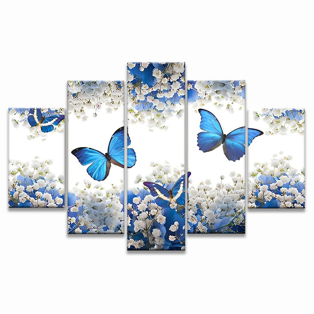 Blauwe Vlinders Vliegen tussen de Witte Bloemen 5 Platen Schilderen op Nummers