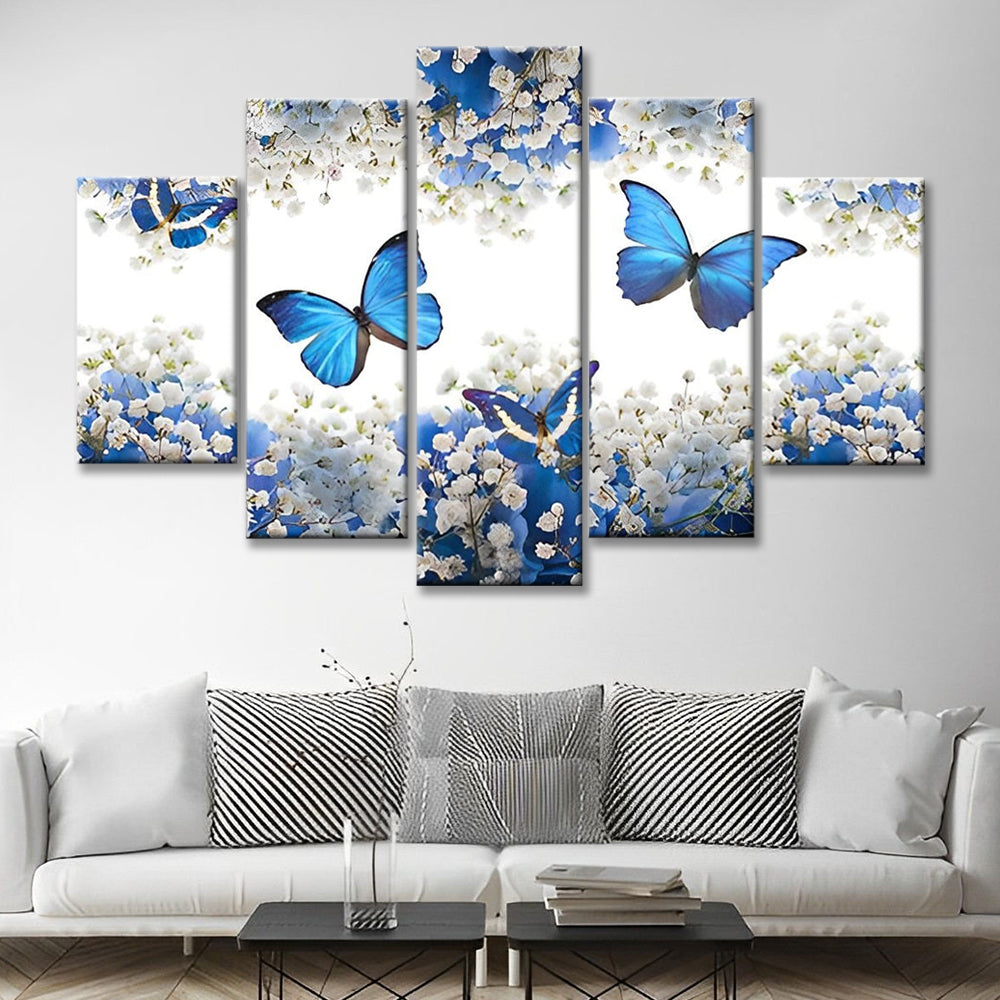 Blauwe Vlinders Vliegen tussen de Witte Bloemen 5 Platen Schilderen op Nummers