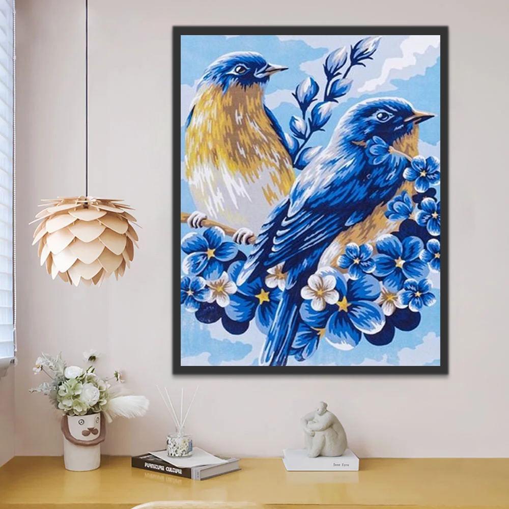 Blauwe Vogels en Blauwe Bloemen Schilderen op Nummers