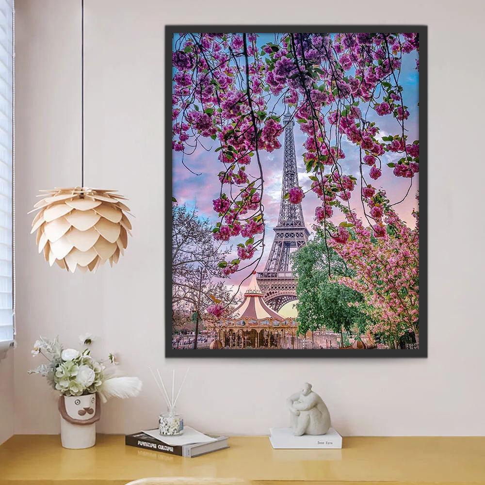 Bloeiend Lentelandschap bij de Eiffeltoren Schilderen op Nummers