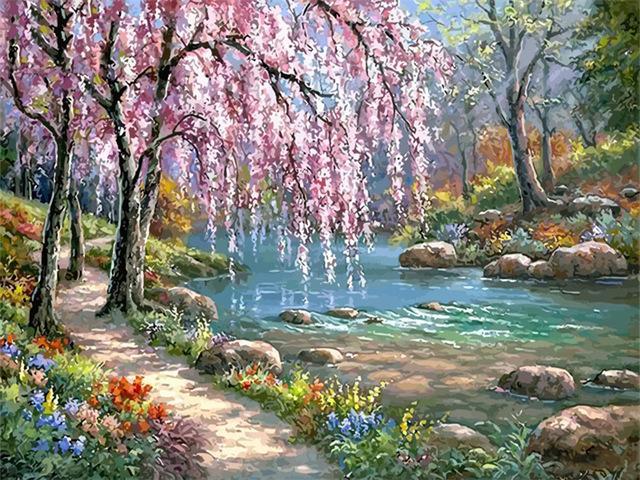 Bloemen, Bomen en Rivier Schilderen op Nummers