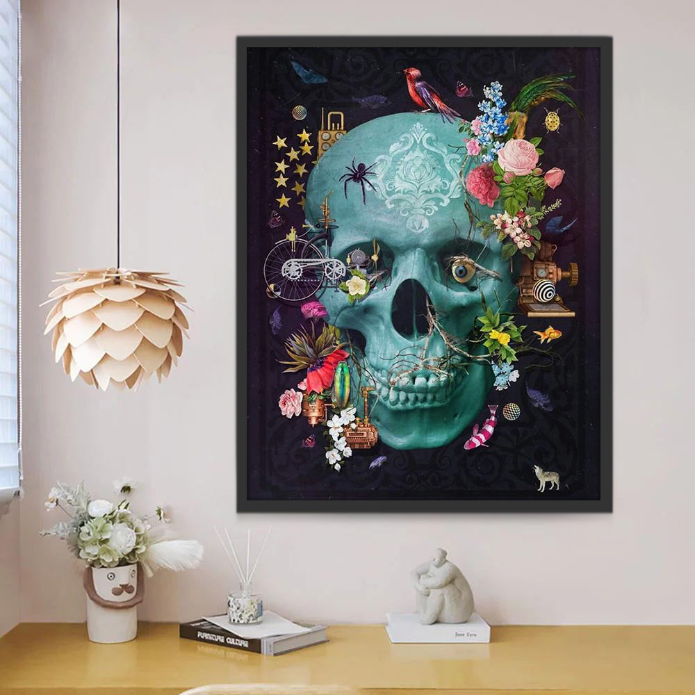 Bloemen en Dieren omringend een Doodshoofd Schilderen op Nummers