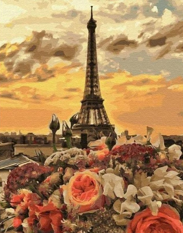 Bloemen en Eiffeltoren in Parijse Avondlicht Schilderen op Nummers