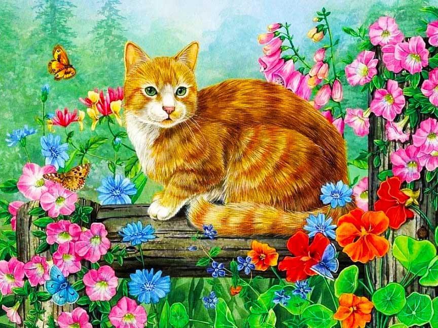 Bloemen en Kat in het Bos Schilderen op Nummers