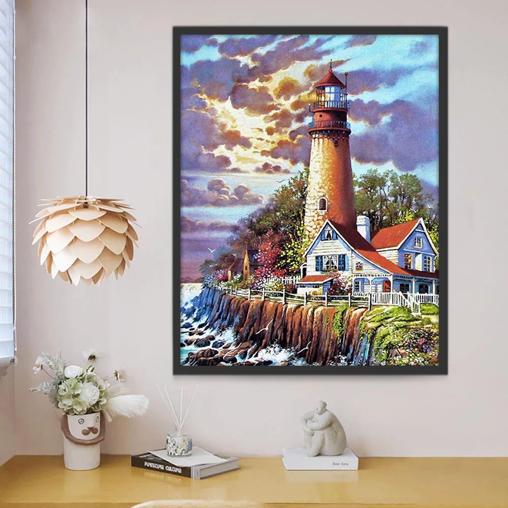 Bloemen en Vuurtoren aan de Kust Schilderen op Nummers