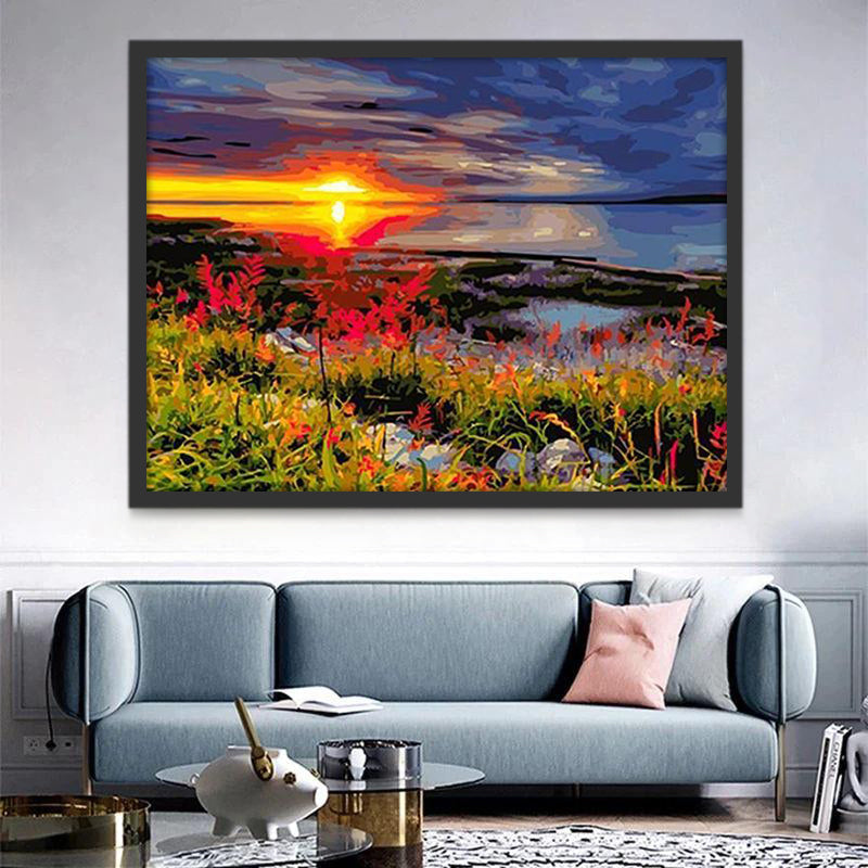 Bloemen in de Waddenzee bij Zonsondergang Schilderen op Nummers