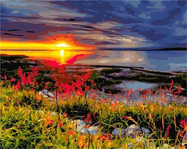 Bloemen in de Waddenzee bij Zonsondergang Schilderen op Nummers