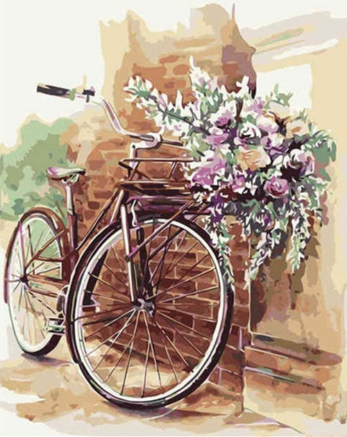 Bloemen in een Fietsmand op de Bakstenen Muur Schilderen op Nummers