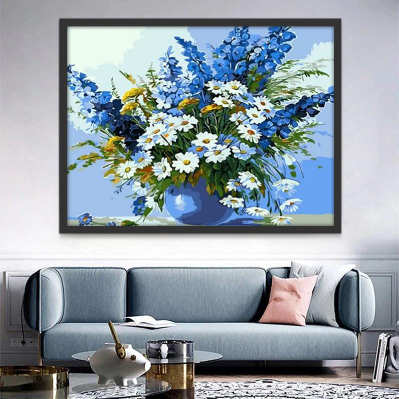 Bloemen in pot in blauwe en witte kleuren Schilderen op Nummers