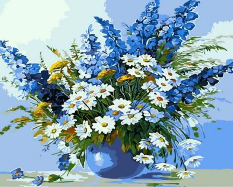 Bloemen in pot in blauwe en witte kleuren Schilderen op Nummers