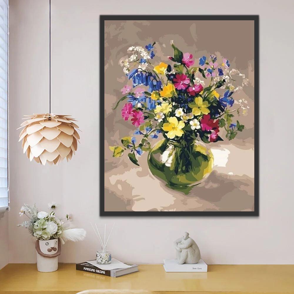 Bloemen in Schilderstijl in Groene Glazen Vaas Schilderen op Nummers