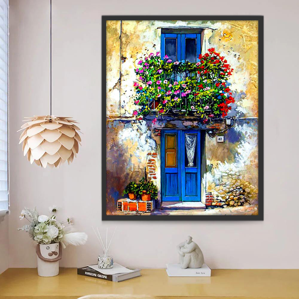 Bloemen op de Blauwe Vensterbank van een Vervallen Huis Schilderen op Nummers