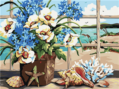 Bloemen op de Houten Loopbrug bij de Zee Schilderen op Nummers