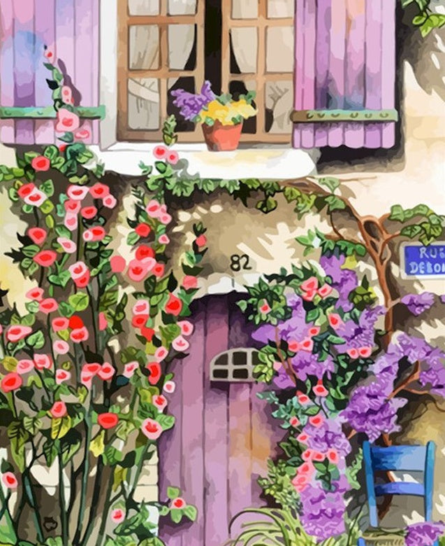 Bloemen op de Paarse Deur en het Raam Schilderen op Nummers
