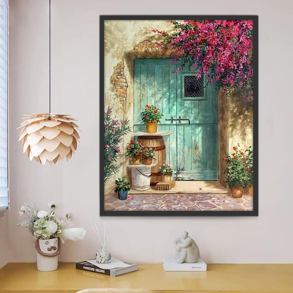 Bloemen voor de houten deur Schilderen op Nummers