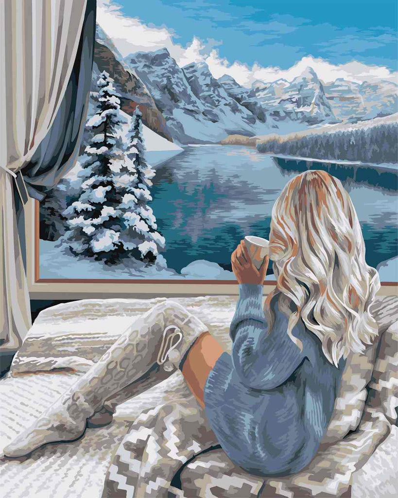 Blonde Vrouw Geniet van de Sneeuw bij het Raam Schilderen op Nummers