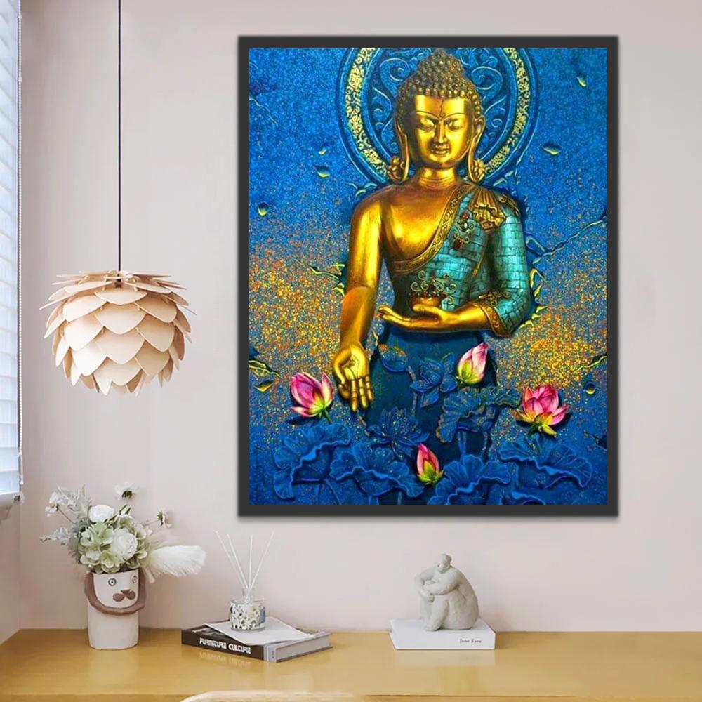 Boeddha in Goud met Blauwe Achtergrond Schilderen op Nummers