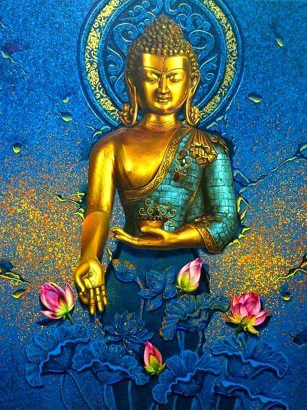 Boeddha in Goud met Blauwe Achtergrond Schilderen op Nummers