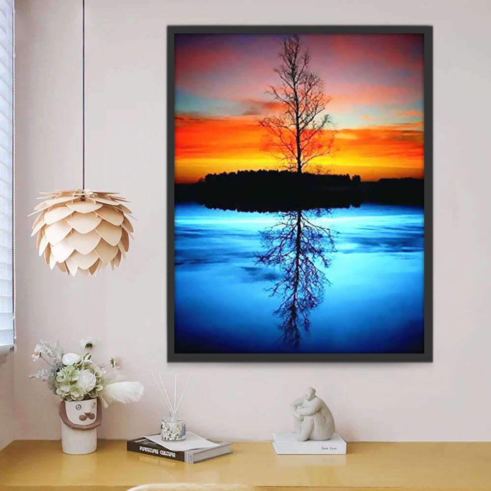 Bomen op een Oranje en Blauwe Achtergrond Schilderen op Nummers