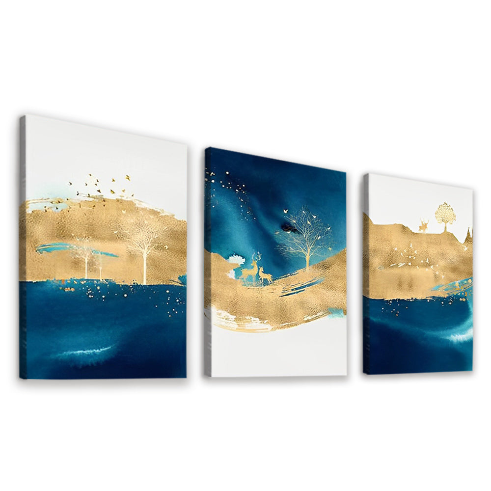 Boom en Herten op Blauw-Gouden Achtergrond 3 Platen Schilderen op Nummers