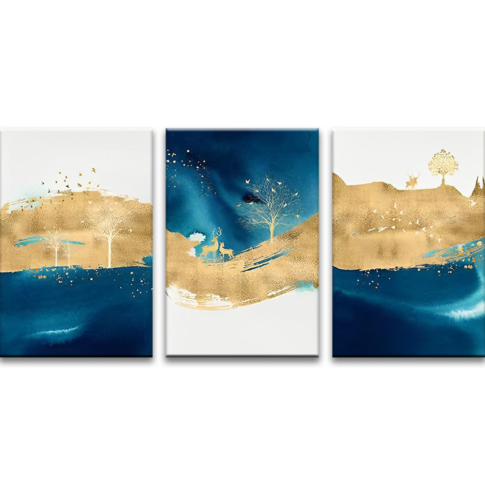Boom en Herten op Blauw-Gouden Achtergrond 3 Platen Schilderen op Nummers