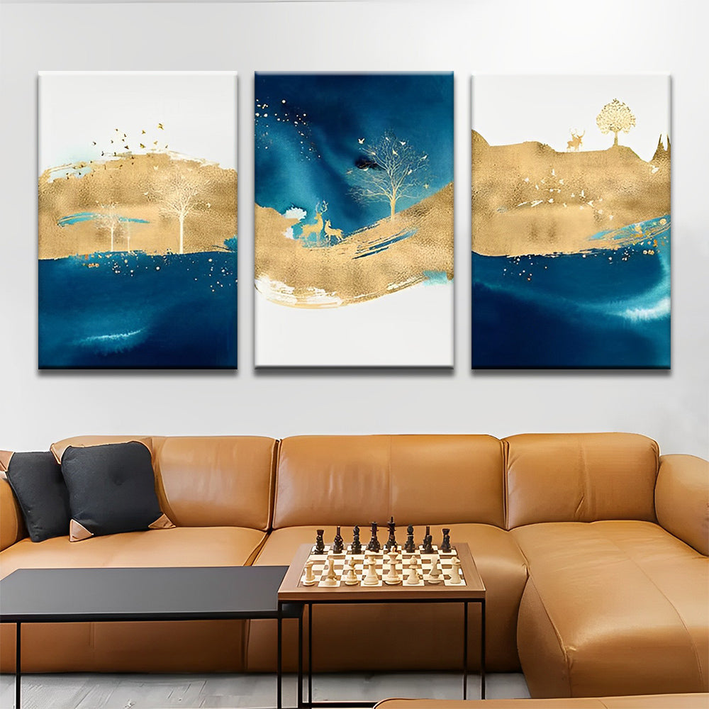 Boom en Herten op Blauw-Gouden Achtergrond 3 Platen Schilderen op Nummers