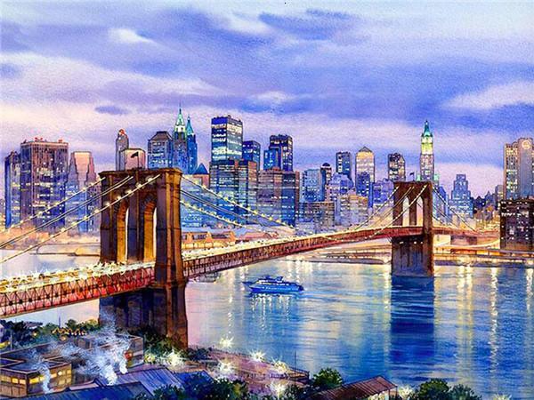 Brooklynbrug en de Glimmende Stad bij Zonsondergang Schilderen op Nummers