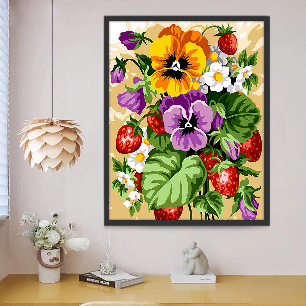 Cartoon Aardbeien en Kleurrijke Bloemen Schilderen op Nummers