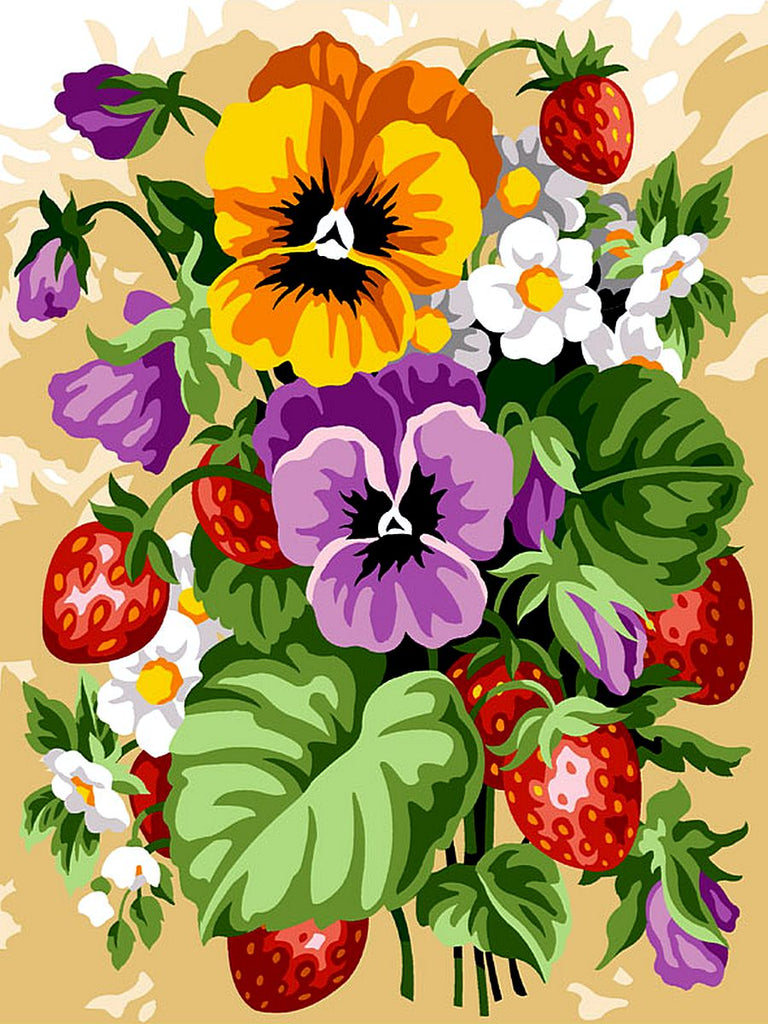 Cartoon Aardbeien en Kleurrijke Bloemen Schilderen op Nummers