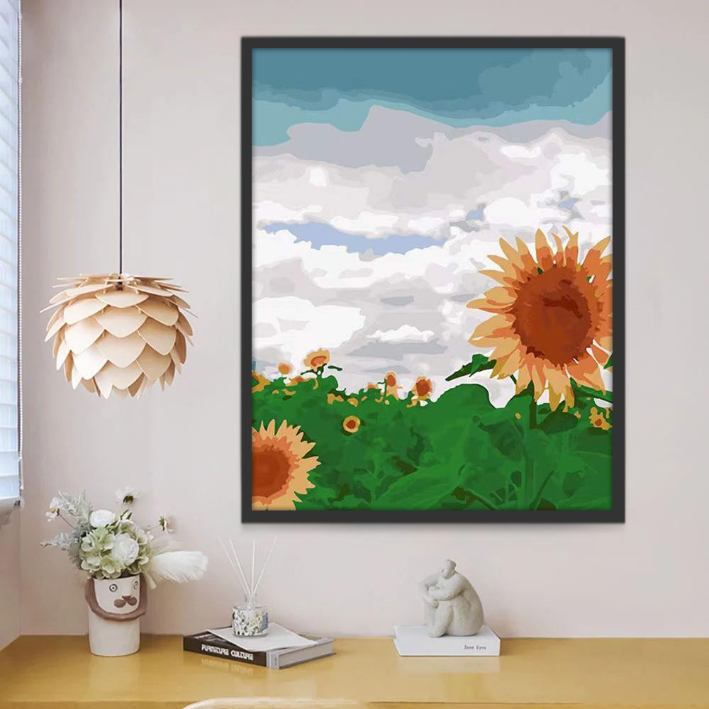 Cartoon Aquarel Zonnebloem in Blauwe Lucht Schilderen op Nummers