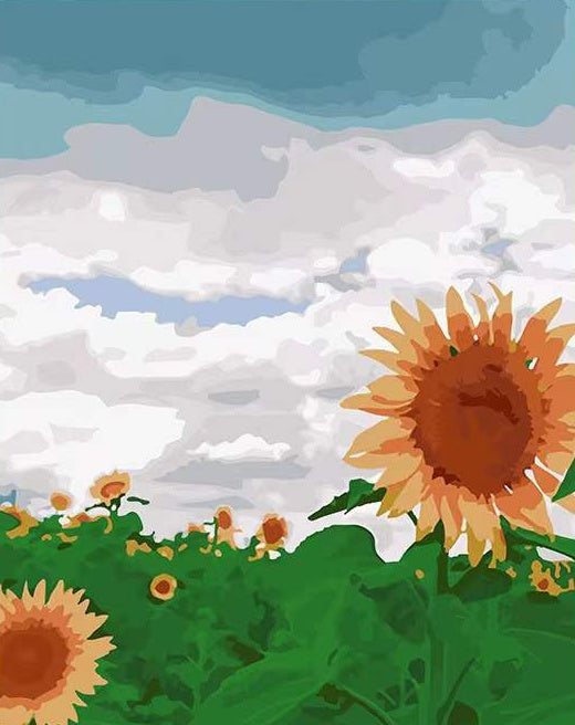 Cartoon Aquarel Zonnebloem in Blauwe Lucht Schilderen op Nummers