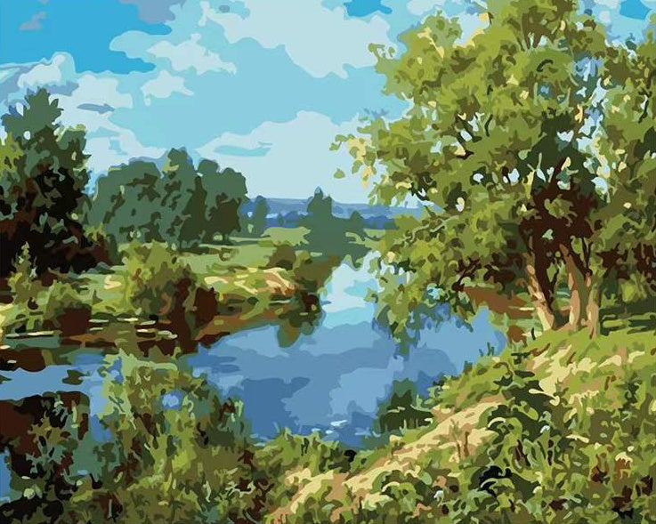 Cartoon Groene Bomen en Rivier Schilderen op Nummers