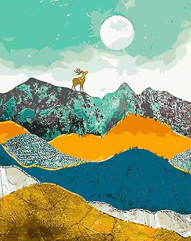 Cartoon Hert op de Berg Kijkend naar de Maan Schilderen op Nummers